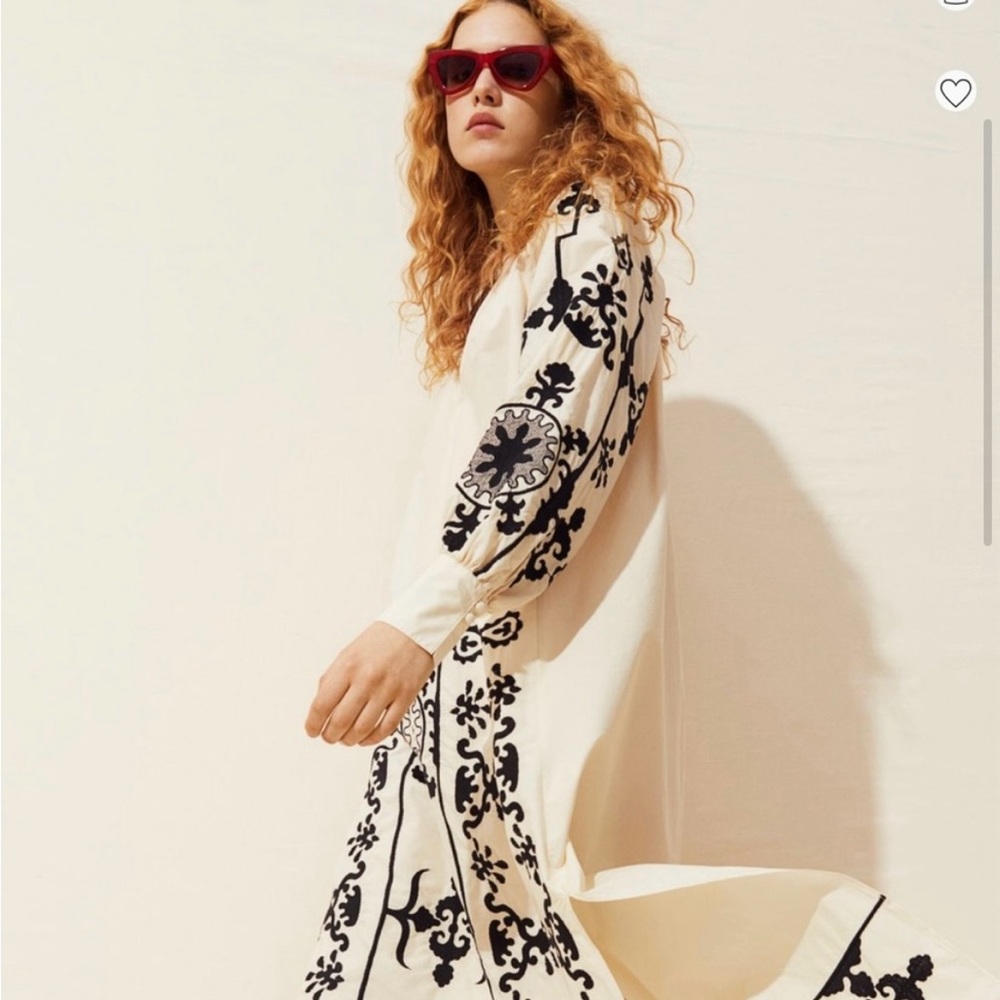 NWT H&M Trend Oversized Embroidered Kaftan Boho Light Beige Cotton Dress Kaftan - Picture 4 of 10
